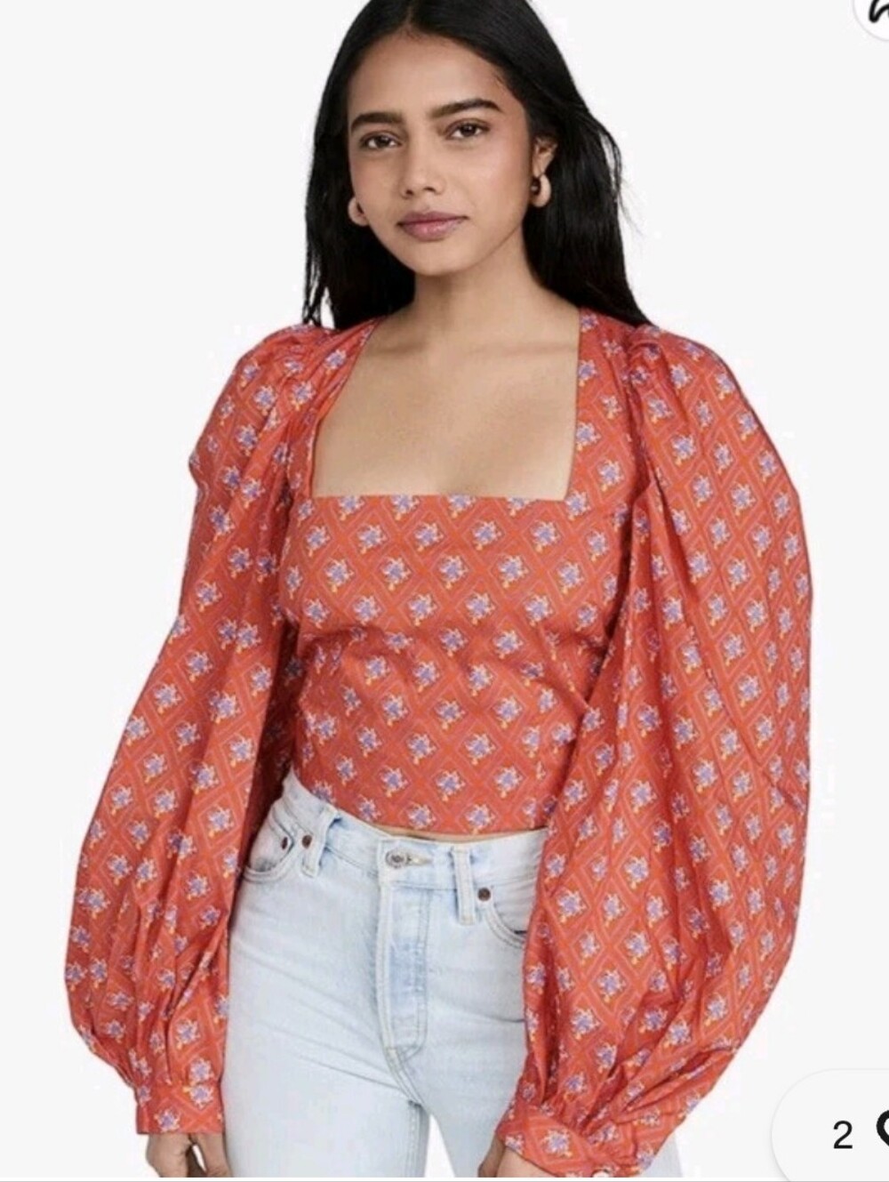 Nwt CAROLINE CONSTAS ELLIOT TOP RED TOILE PUFF SLEEVE Cottagecore Boho Spell